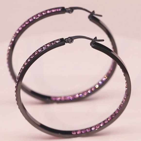 Black Metal Pink Rhinestone Hoop Earrings Faceted Crystal Channel Hoops Sparkle - Picture 10 of 12